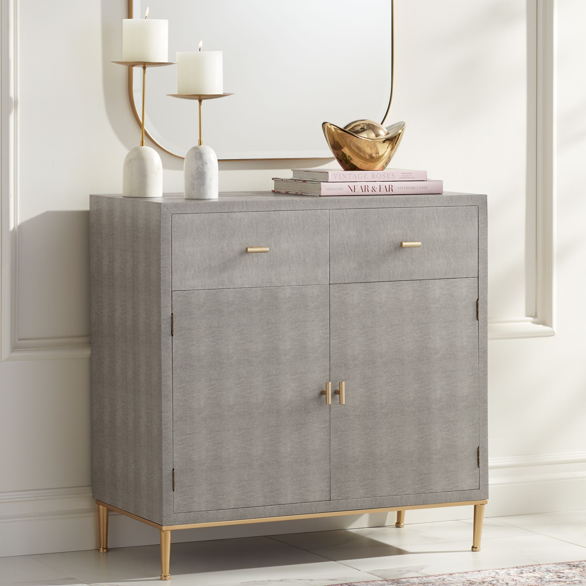 Sands Point 32" Wide Gray and Gold 2-Drawer Modern Cabinet