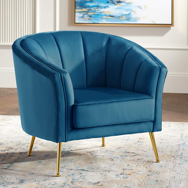 Leighton Blue Velvet and Gold Tufted Accent Chair