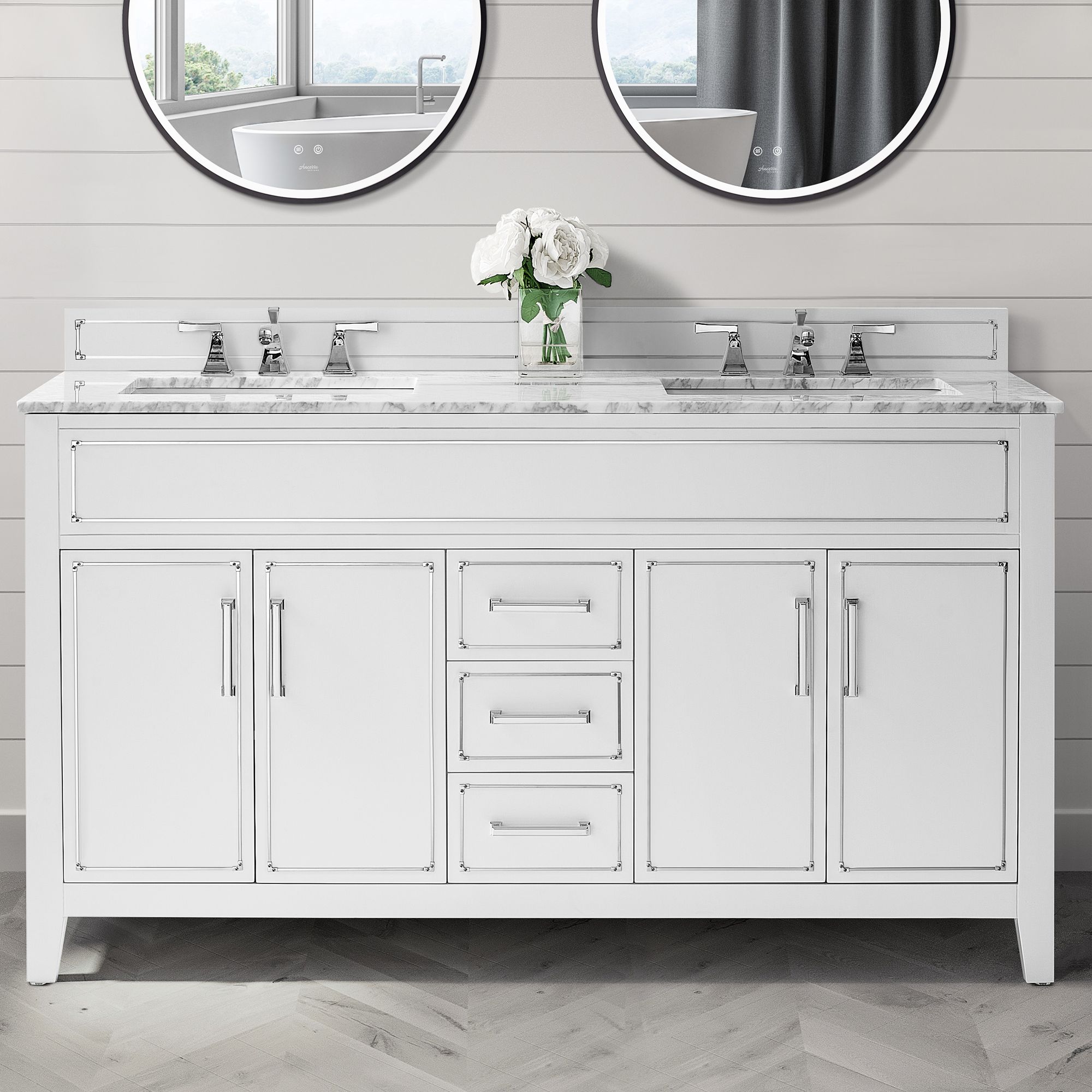 Aspen 60" Wide White 4-Door Double Sink Vanity