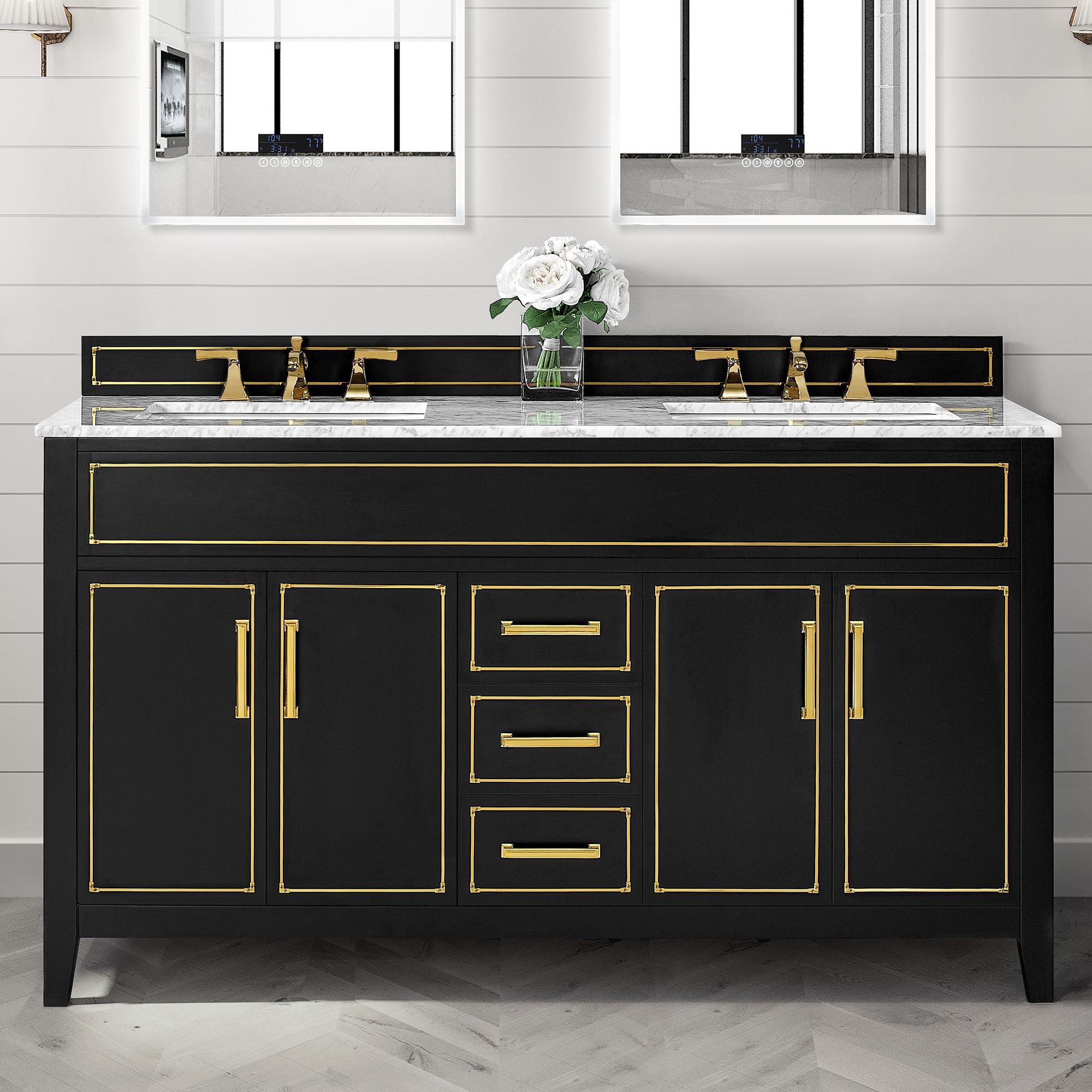 Aspen 60" Wide Black Onyx 4-Door Double Sink Vanity