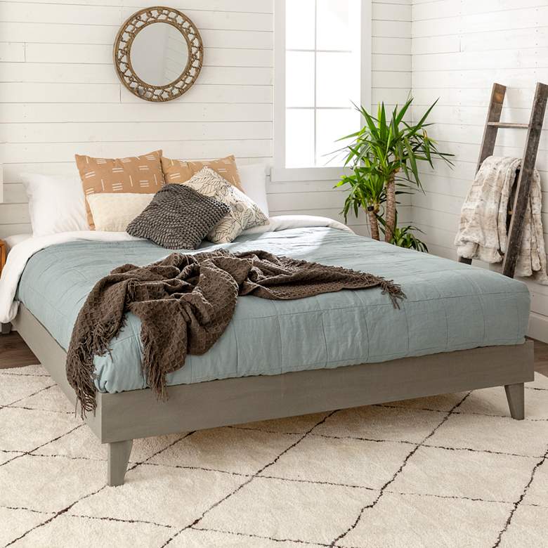 Brushed Gray Solid Pine Wood King Platform Bed