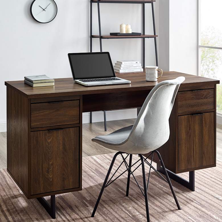 Dark Walnut 54&quot; Wide Wood Executive Desk with Dual Storage