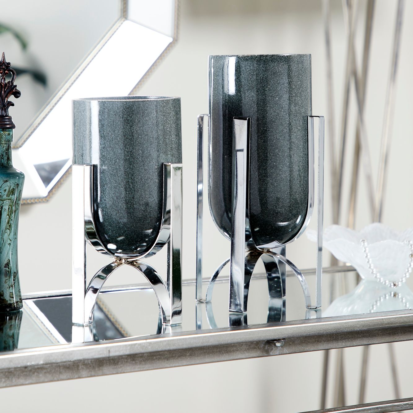 Cylindrical Gray Marble and Silver Decorative Vases Set of 2