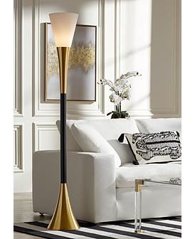 Mid Century Modern Glam Style Tall Lamp Floor Standing Tree 4-Light LED Dimmable Warm Gold Glass Globe Shade Decor for Living Room Reading House Bedroom Home Office Uplight Possini Euro Design