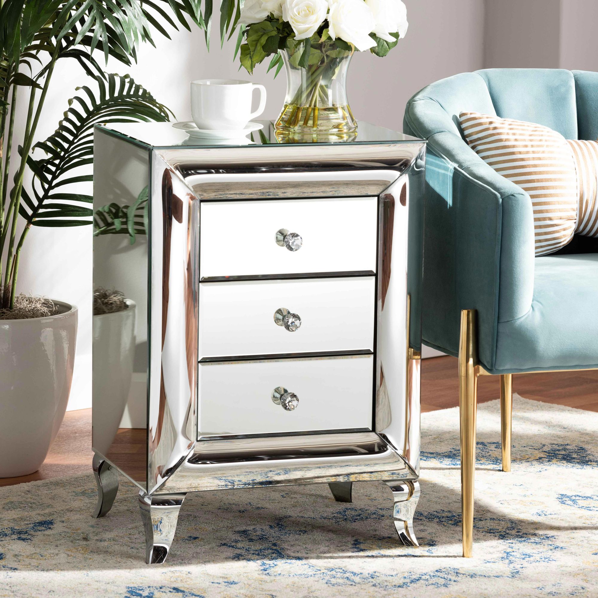 Baxton Studio Pauline 18" Wide Mirrored 3-Drawer Nightstand