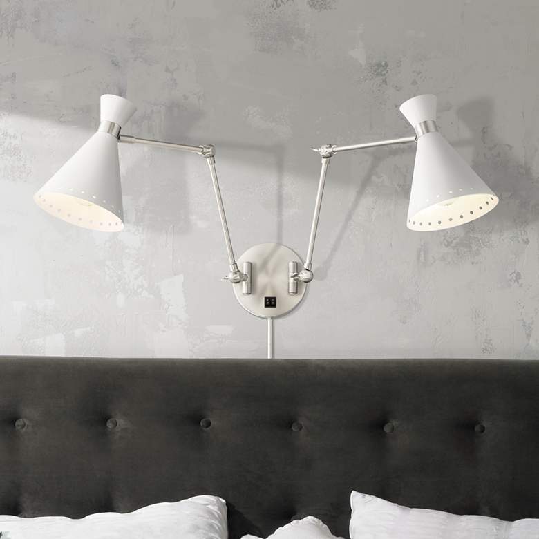 Image 1 Paloma White and Brushed Nickel 2-Light Plug-In Swing Arm Wall Lamp