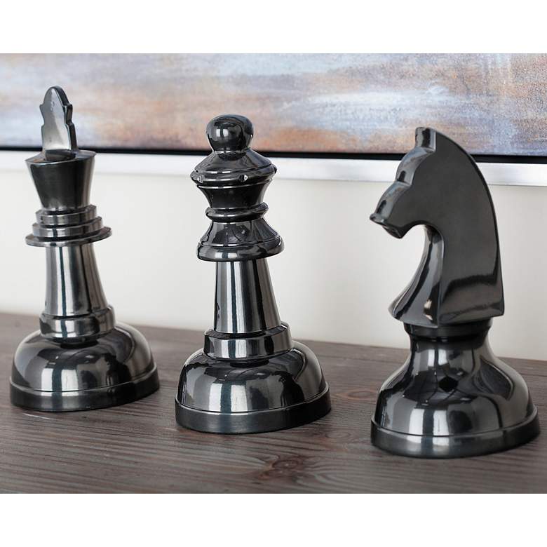 Image 1 Chess 10" High Metallic Gray Metal Sculptures Set of 3