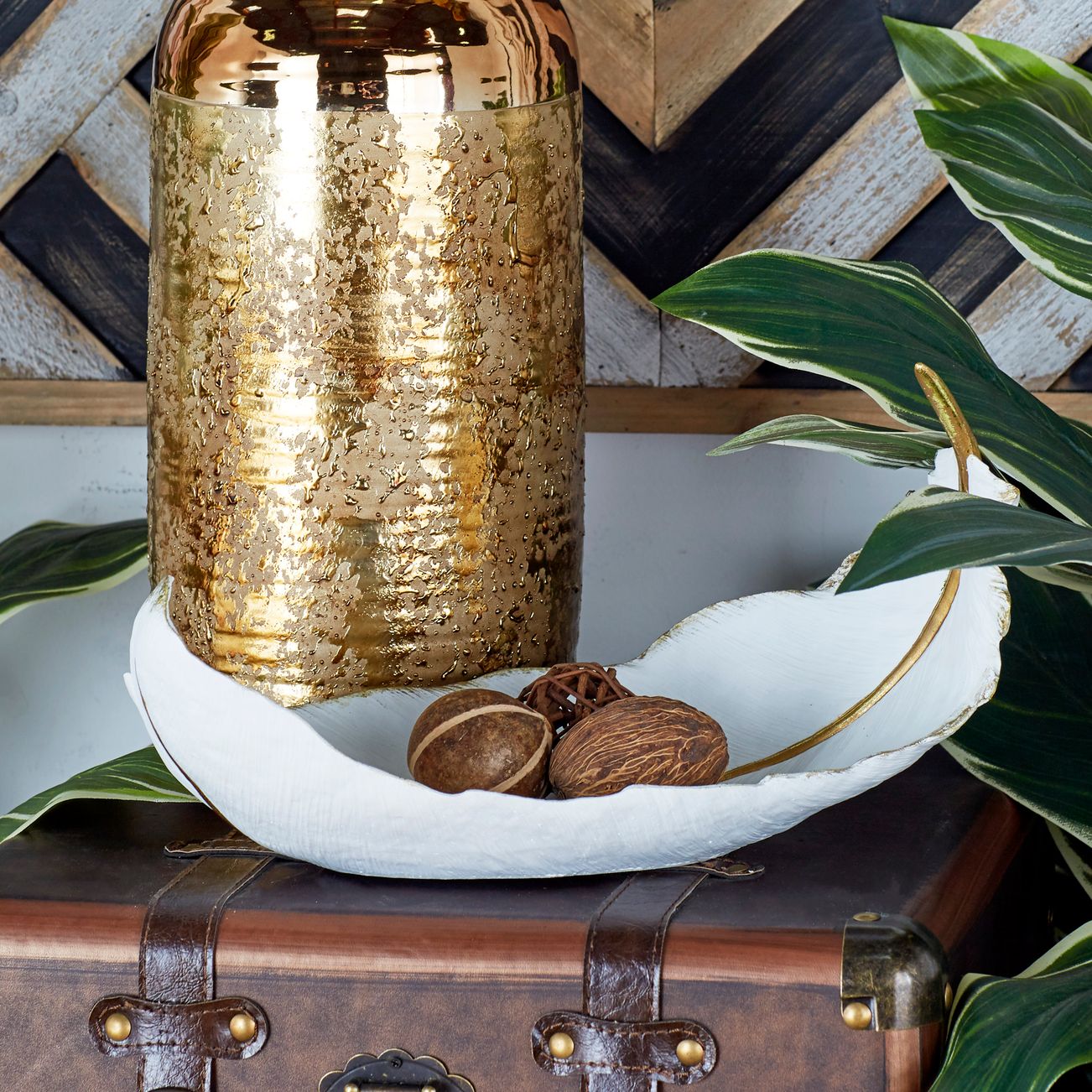 Feather White and Brushed Metallic Gold Decorative Bowl 97G61