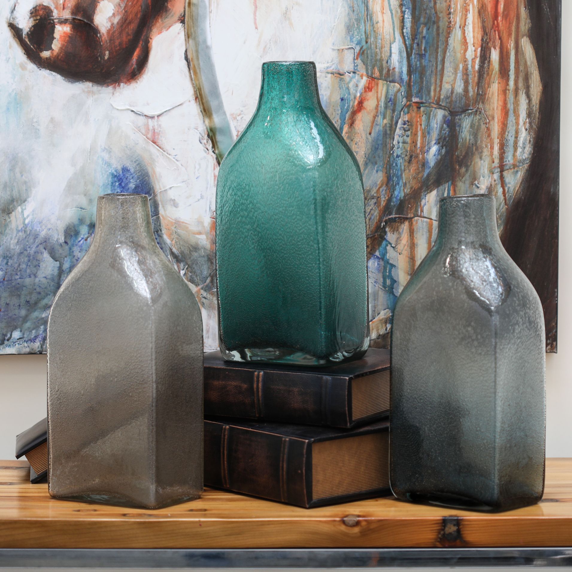 Gray Beige and Green Glass 14 3/4"H Bottle Vases Set of 3