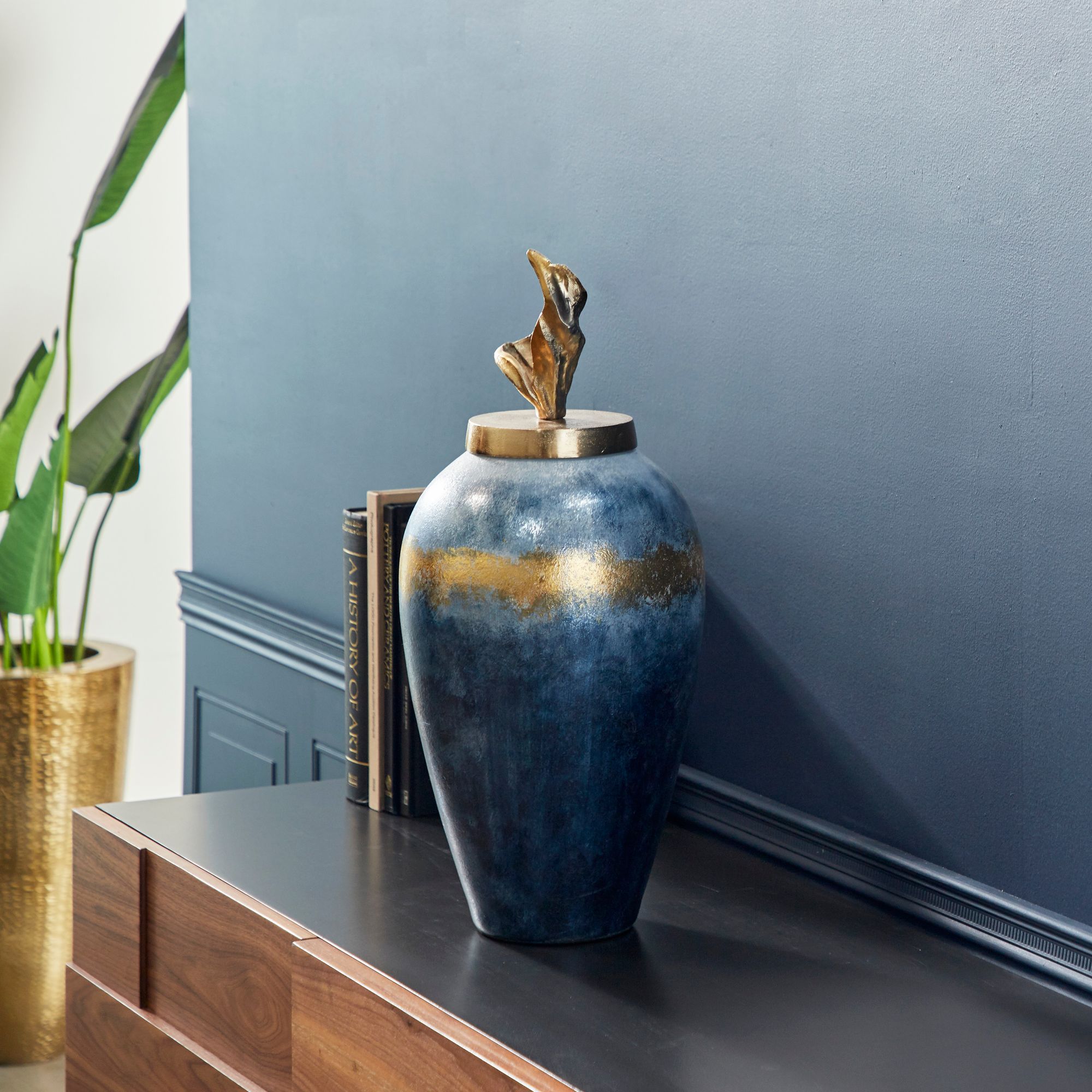 Textured Blue and Gold 23 1/2"H Glass Lidded Decorative Vase