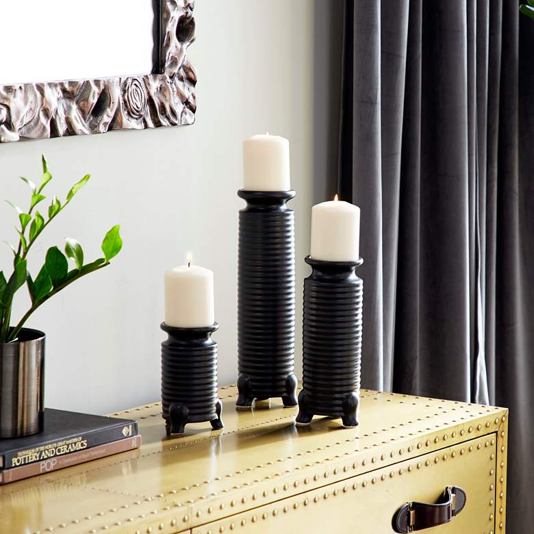 Ribbed Black Ceramic Cylinder Pillar Candle Holders Set of 3