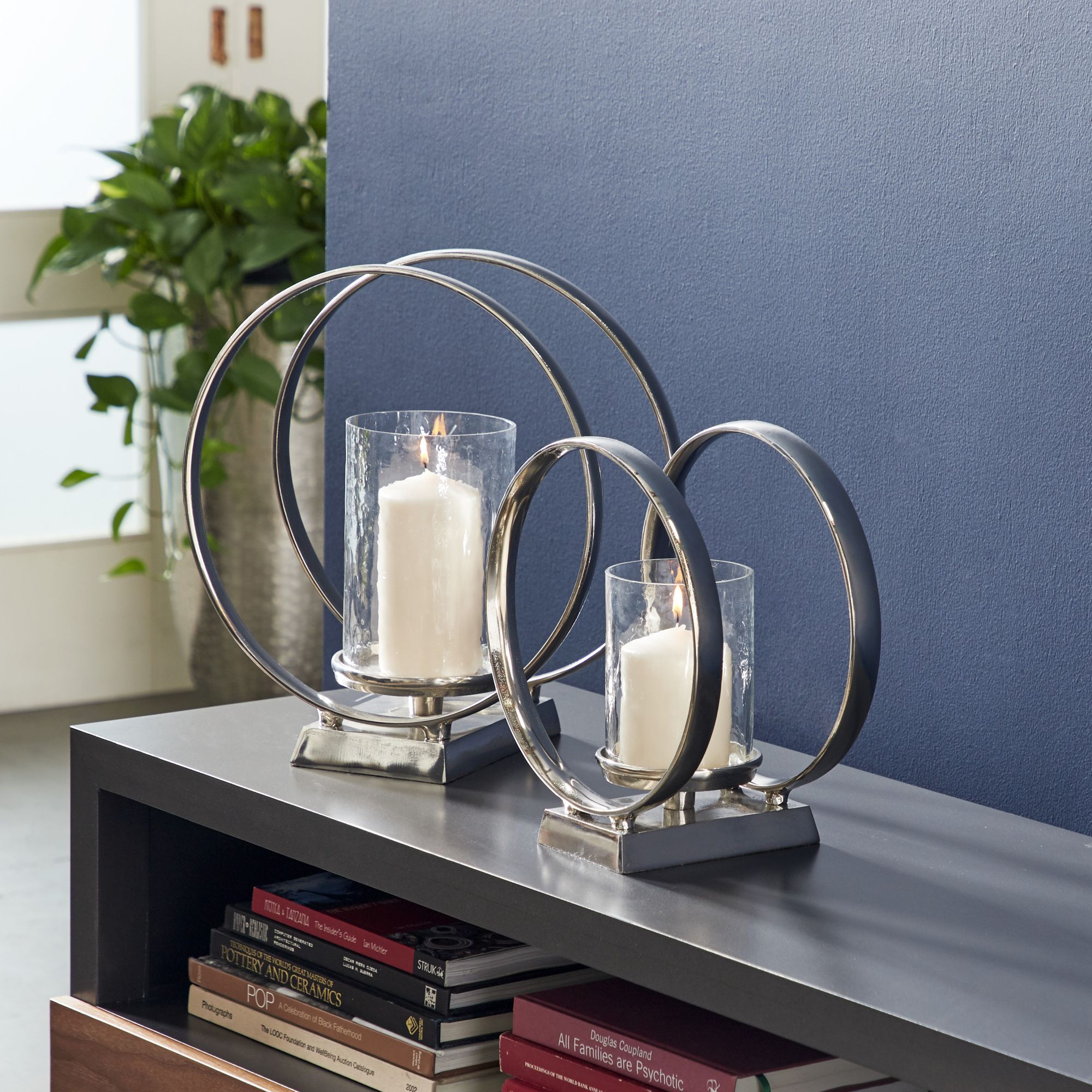 Circular Silver Metal Pillar Candle Holders Set of 2 97J15 Lamps Plus