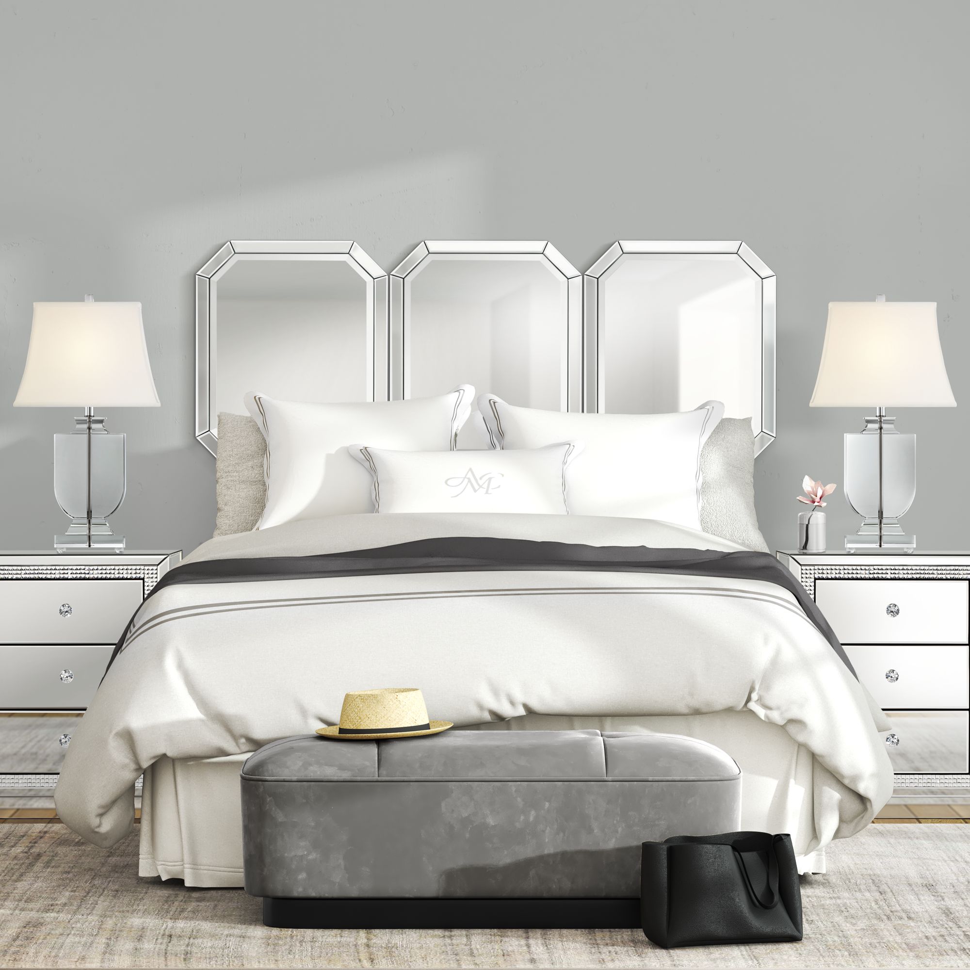 Possini Eliana Angled Edge Queen Bed Headboard Mirrors Set of 3