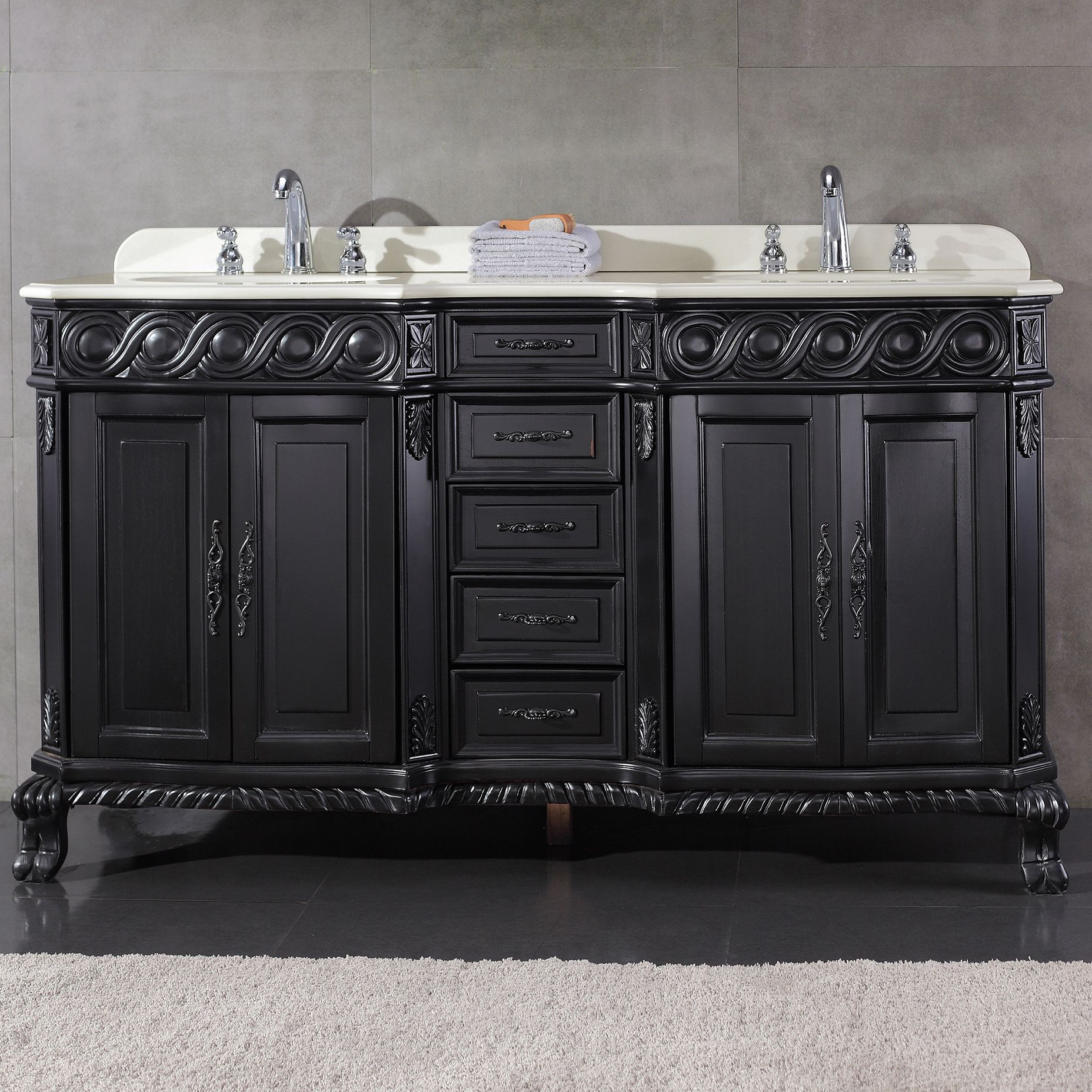 Trent 60 Wide Antique Black 4-Door Double Sink Vanity