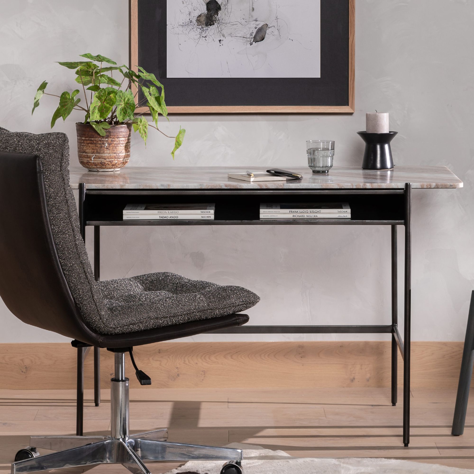 Raven 50" Wide Hammered Gray Iron and Marble Desk
