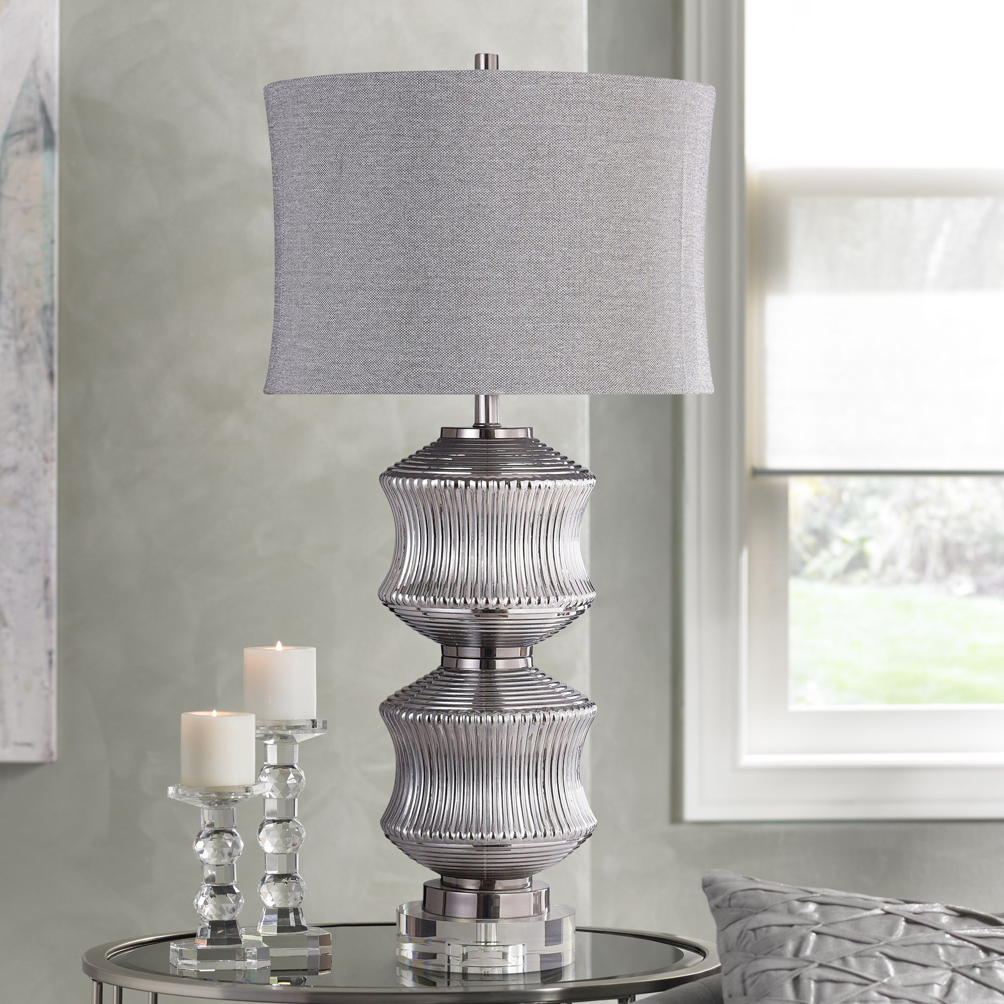 Harp and Finial Darby Smoke Glass Stacked Table Lamp 98P15 Lamps Plus