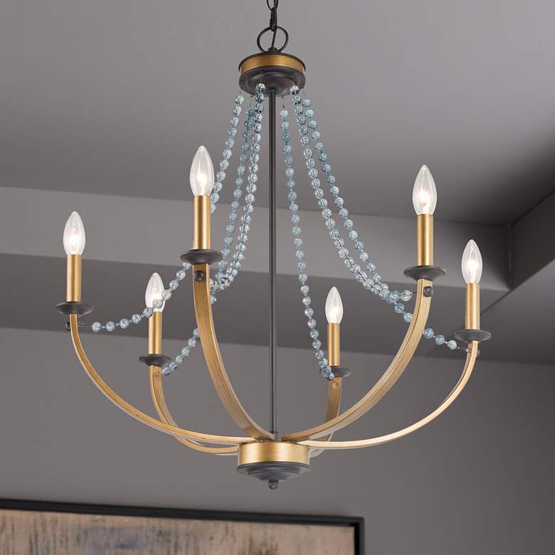 Image 1 Glamus 25 1/4"W Gold Iron and Blue Beads 6-Light Chandelier