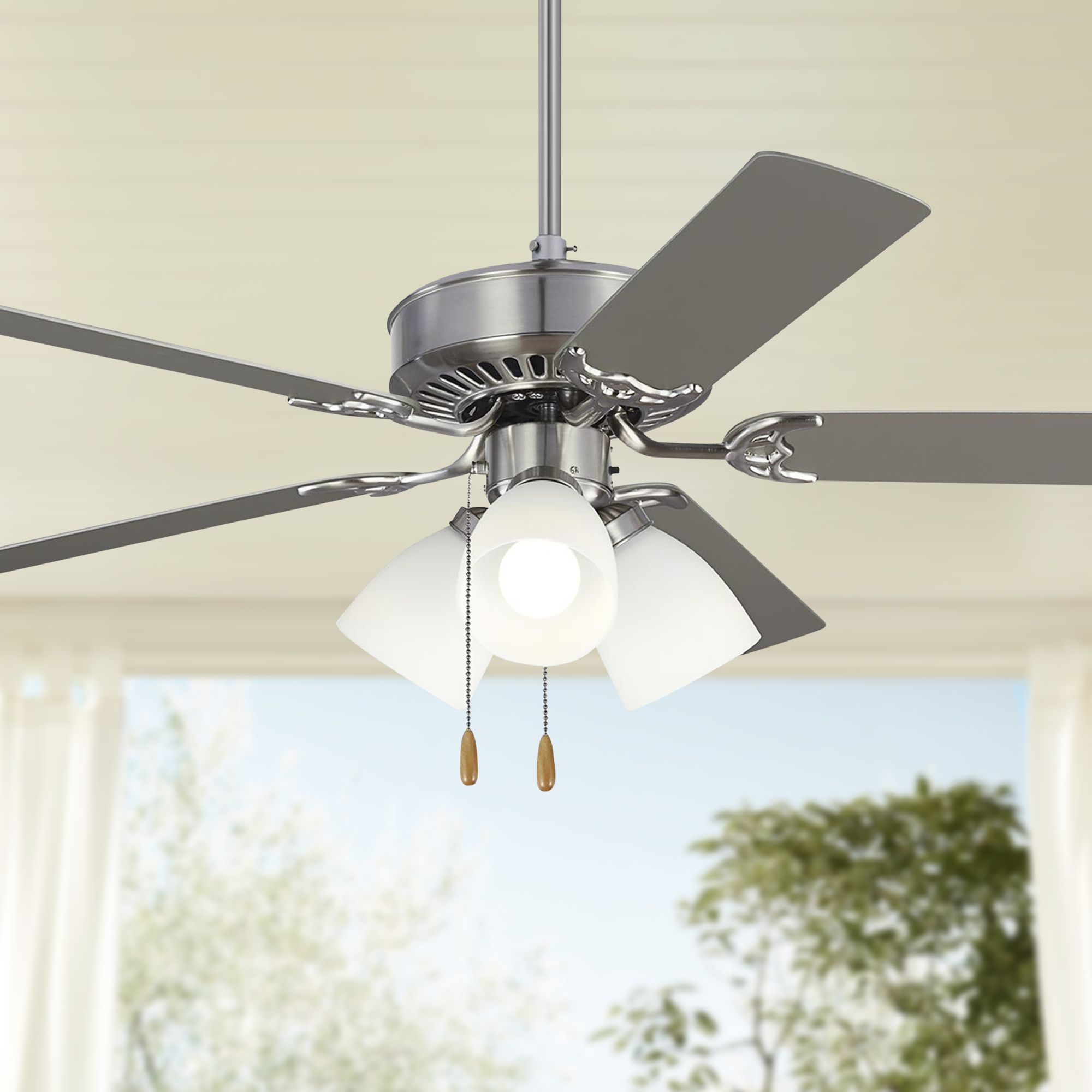 52" Monte Carlo Haven LED Brushed Steel 3-Light Pull Chain Ceiling Fan