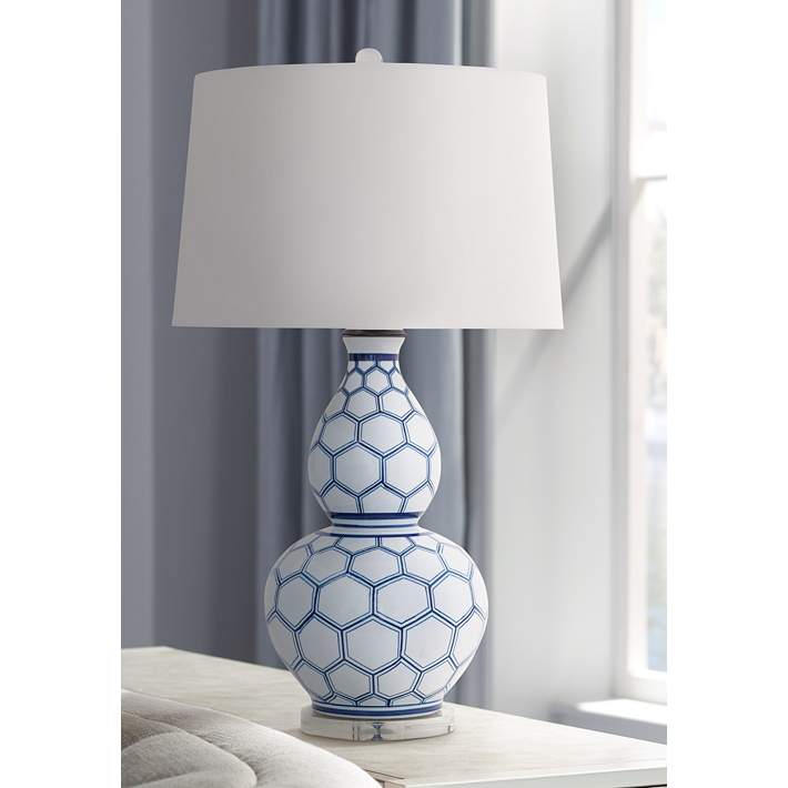 Kenilworth Blue And White Honeycomb, Double Gourd Table Lamp Blue