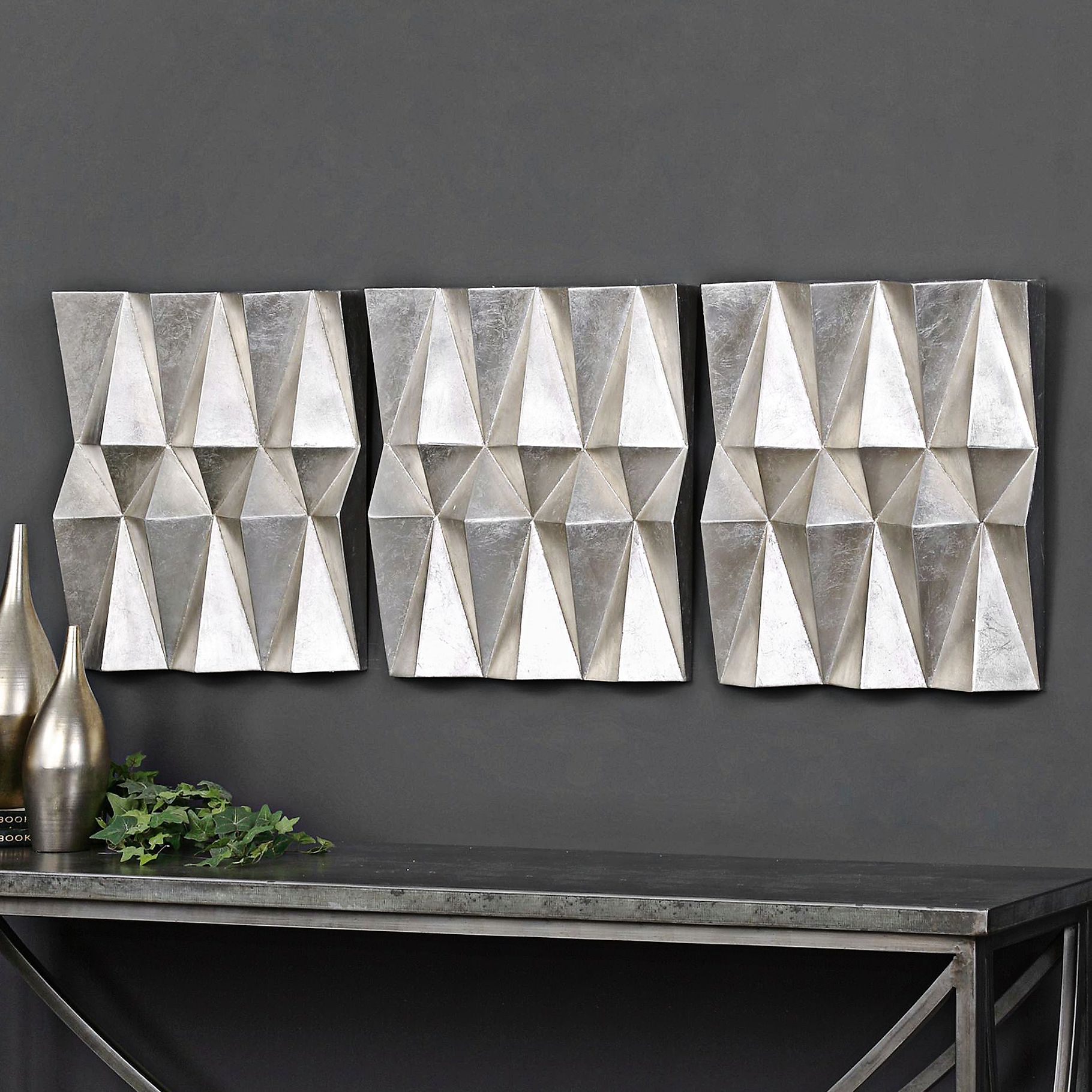 Uttermost Maxton Silver Leaf 22"H Metal Wall Art Set of 3 9G249
