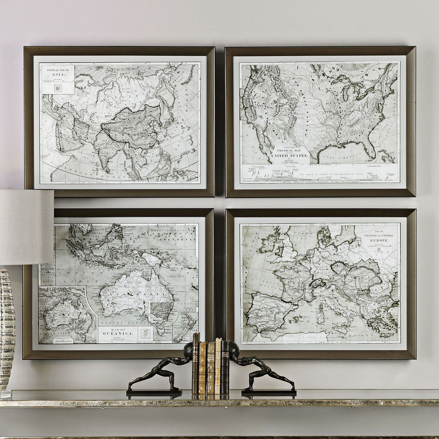 Framed Map Wall Art Uttermost World Maps 4-Piece 28 1/4"W Framed Wall Art Set - #9G295 | Lamps  Plus