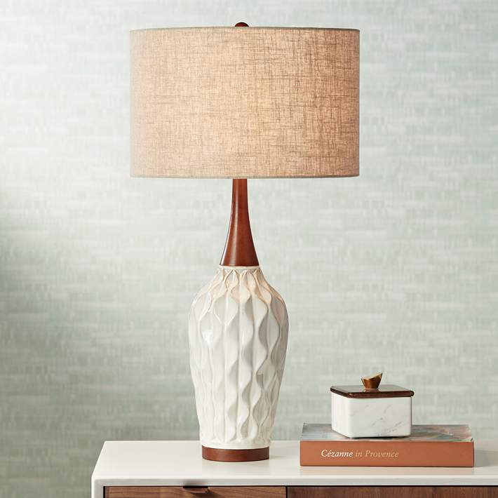 Mid Century Modern Table Lamp Ceramic Blue Wood for Living Room Bedroom 