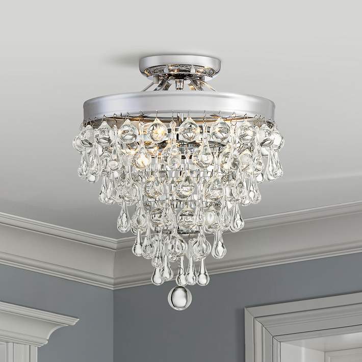 Crystal Accent Chandelier Flush Mount Ceiling Chrome Finish Light Fixture New 