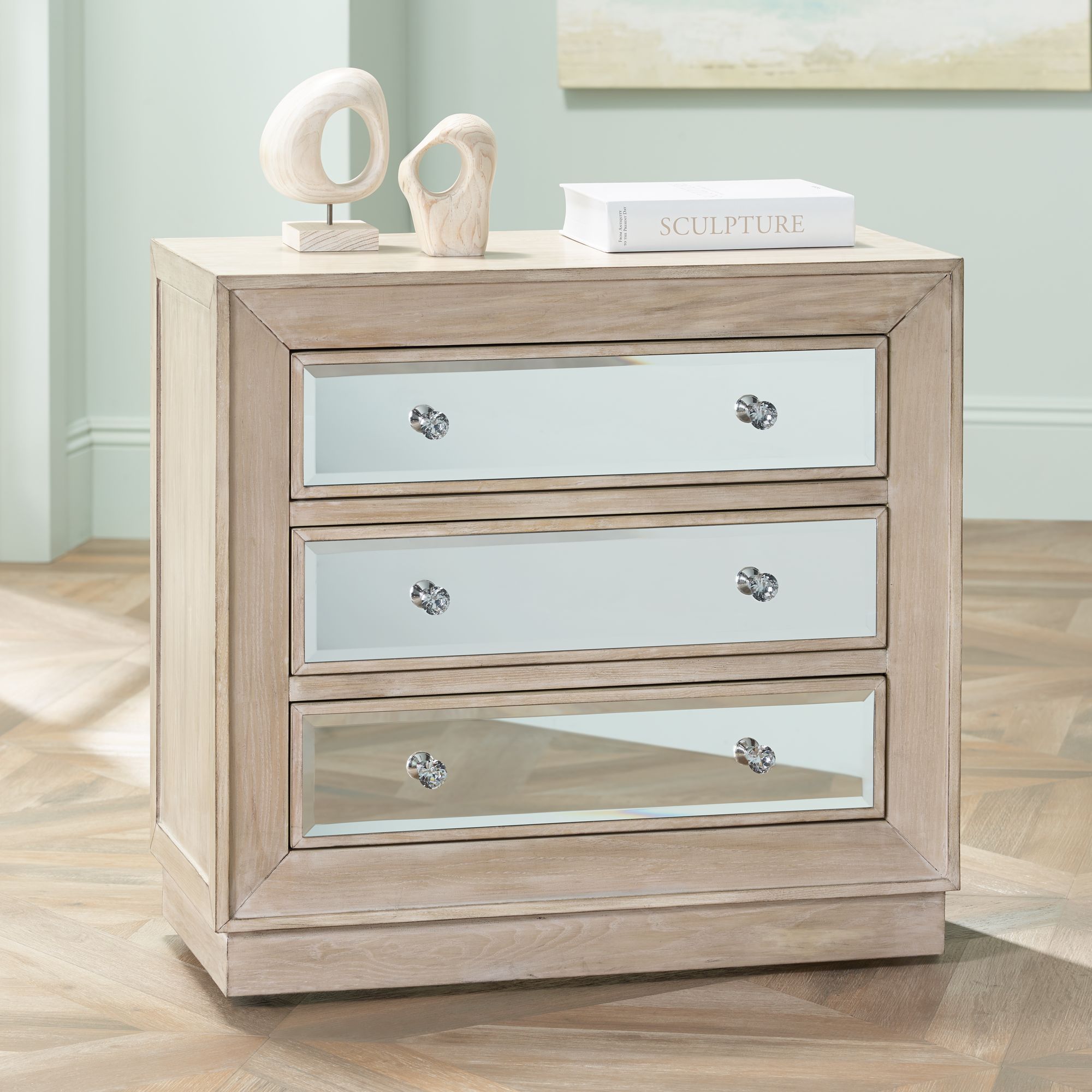 Gabriella 32" Wide Mirrored and Oak Wood Drawer Accent Chest