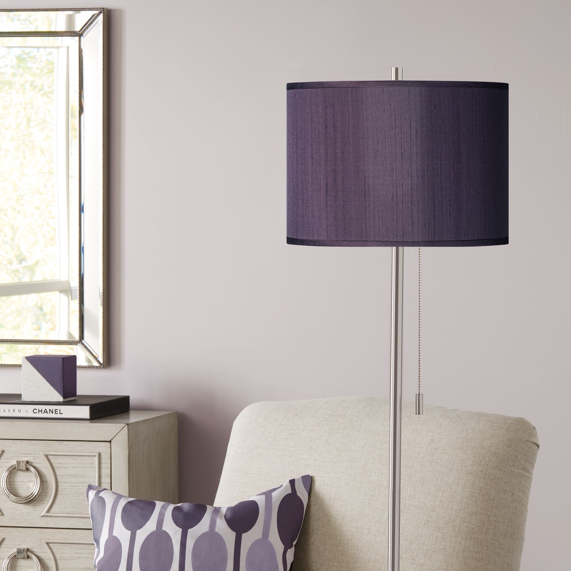 Eggplant Polyester Brushed Nickel Pull Chain Floor Lamp