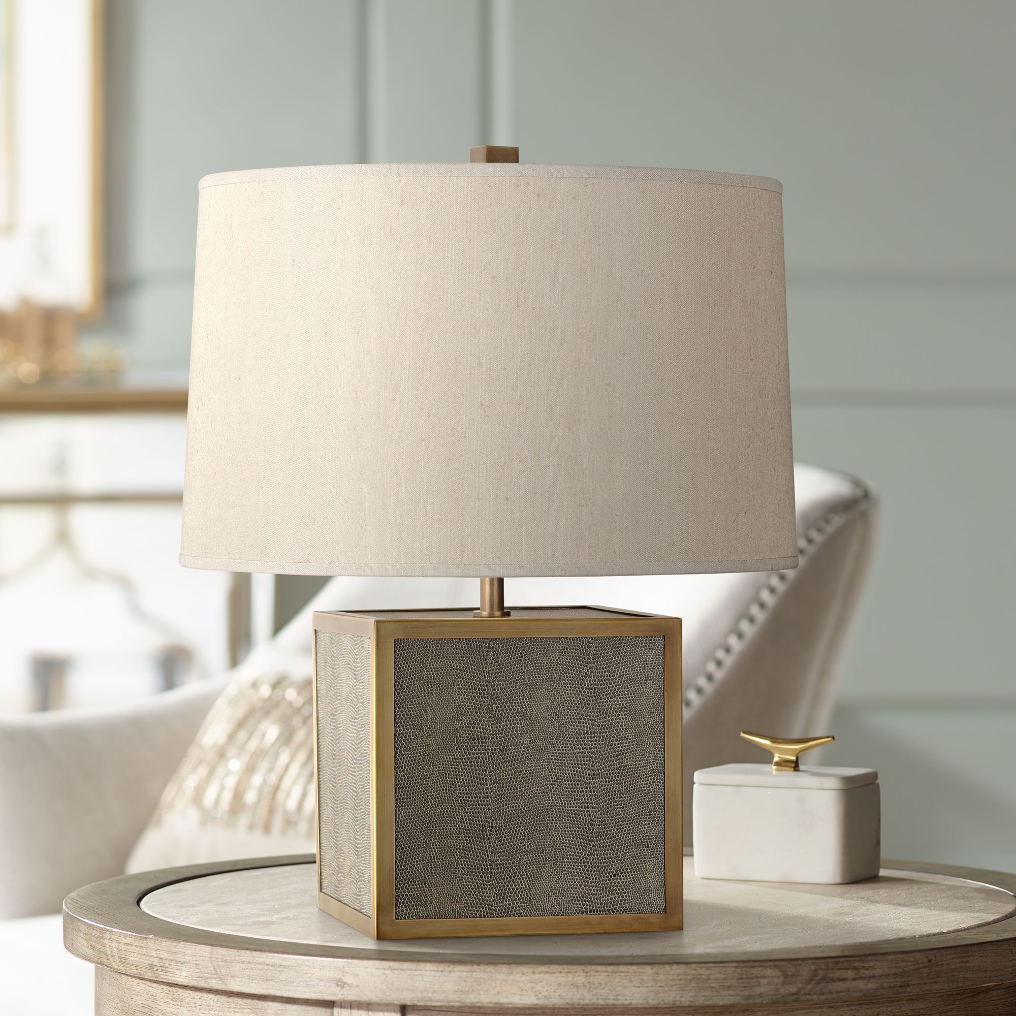 Robert Abbey Anna Faux Snakeskin and Brass Cube Accent Lamp