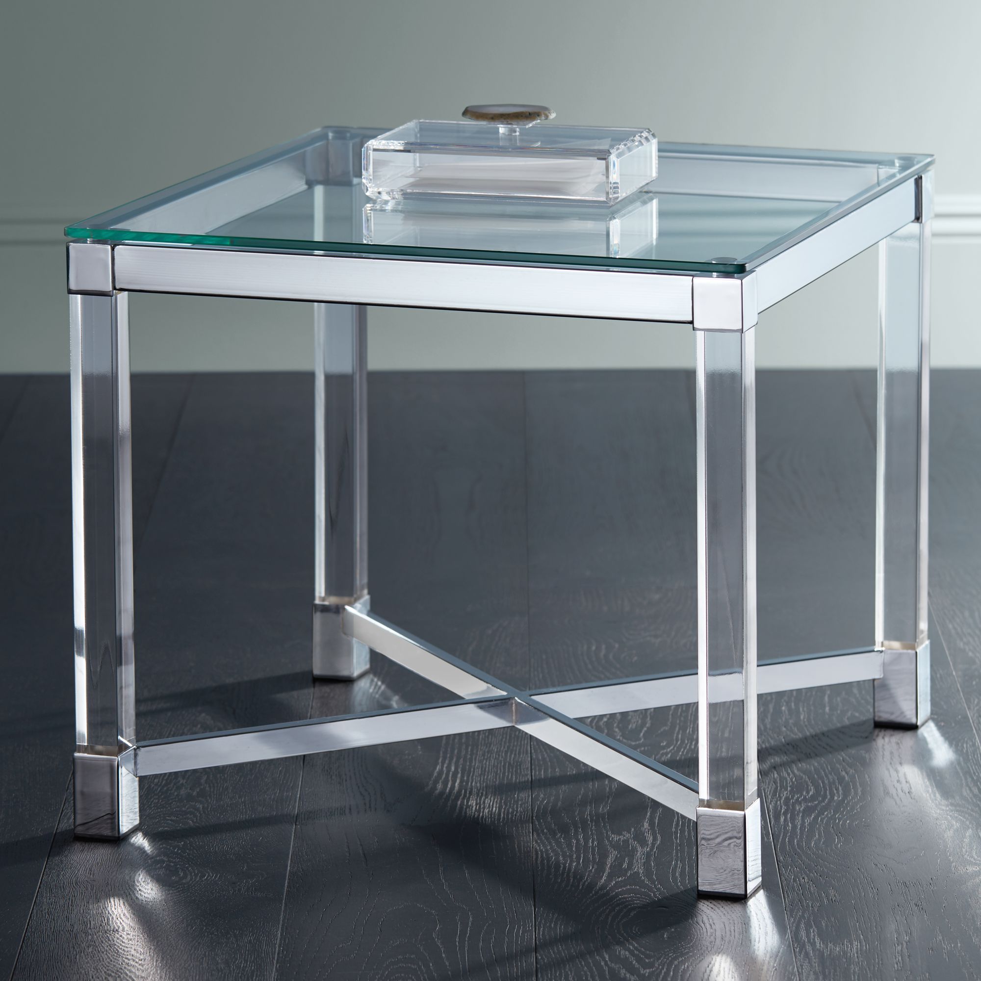 Jenna Chrome and Acrylic 22" Square Modern Accent Table