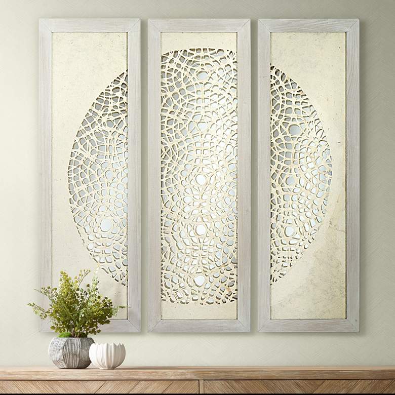 Pini Woven Ivory 47&quot; High Mirrored Wall Art Set of 3