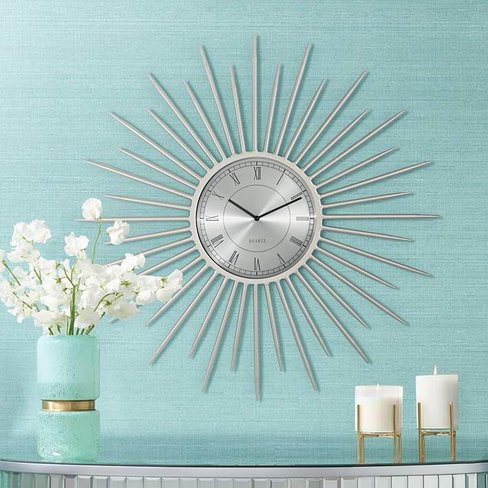 Castallia Silver 28 Round Metal Wall Clock 9t858 Lamps Plus - Contemporary Silver Wall Clocks