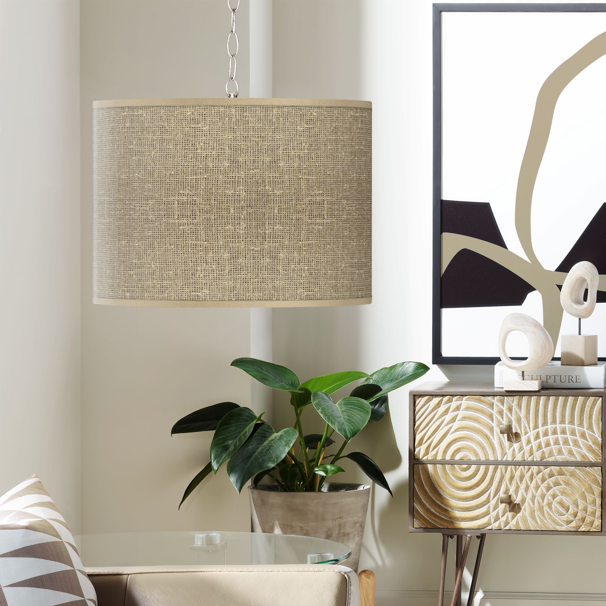 Burlap Print Giclee Shade Plug-In Chandelier