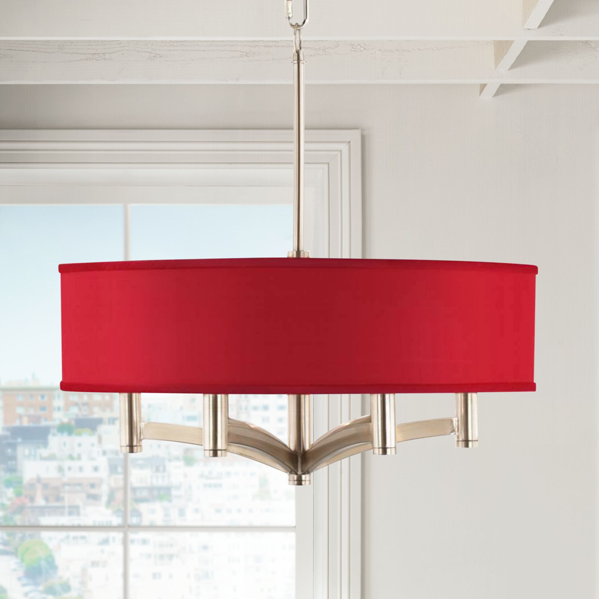 Red Textured Faux Silk Ava 6-Light Nickel Pendant Chandelier