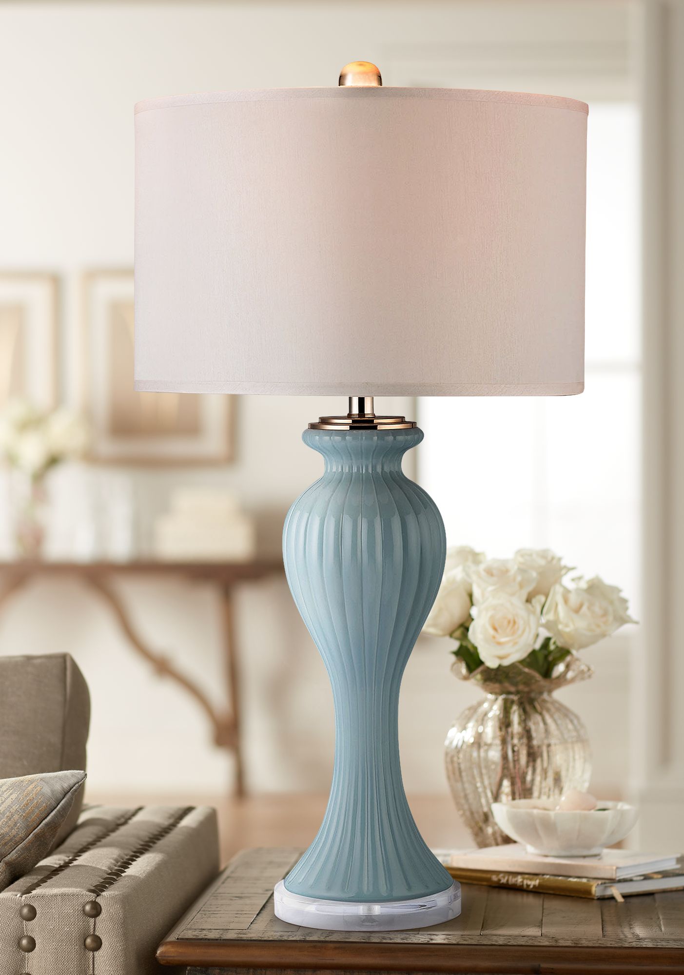 Curtis Ribbed Tulip Mint and Gold Glass Table Lamp