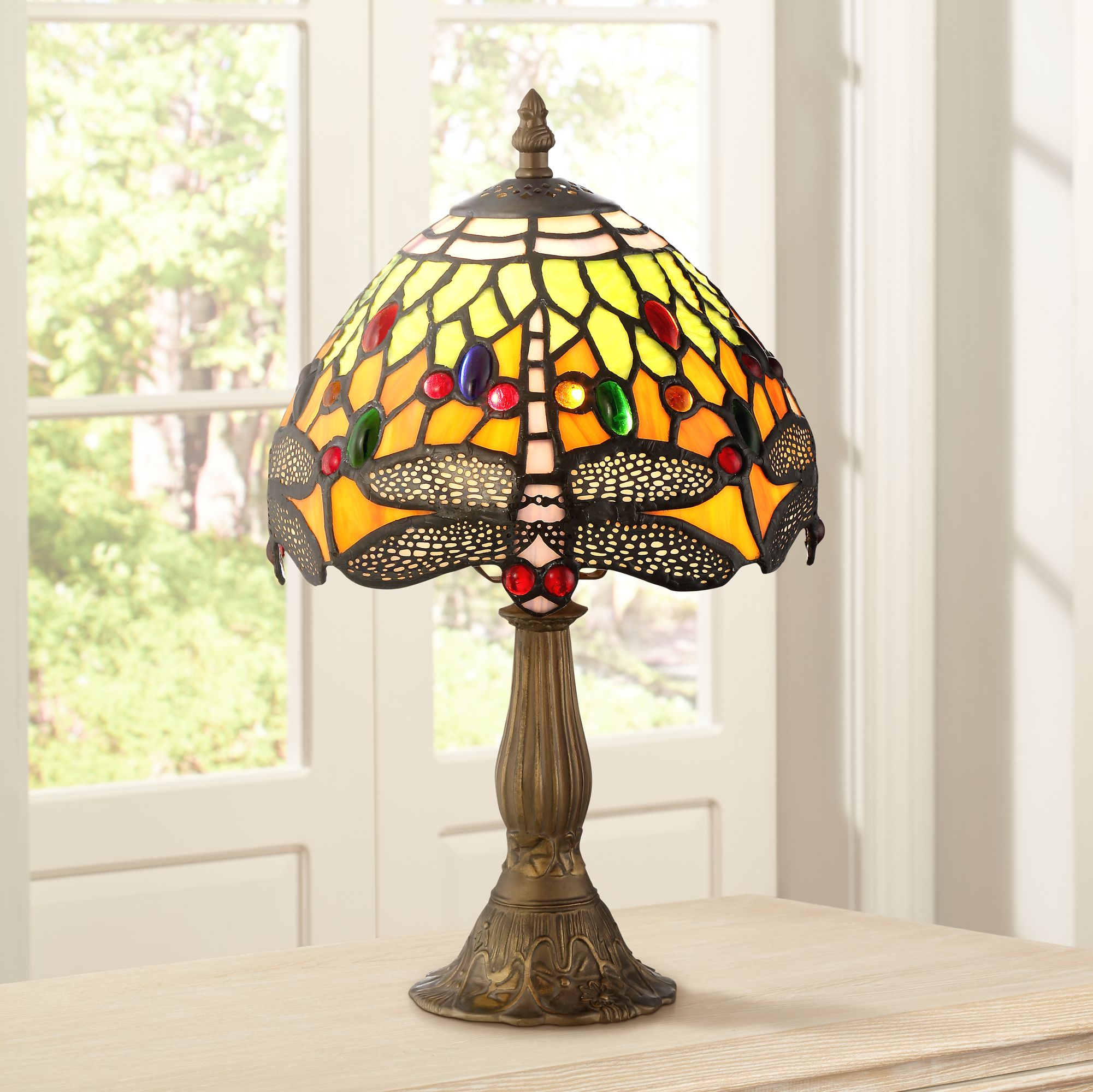 Robert Louis Tiffany 13 3/4"H Dragonfly Art Glass Table Lamp