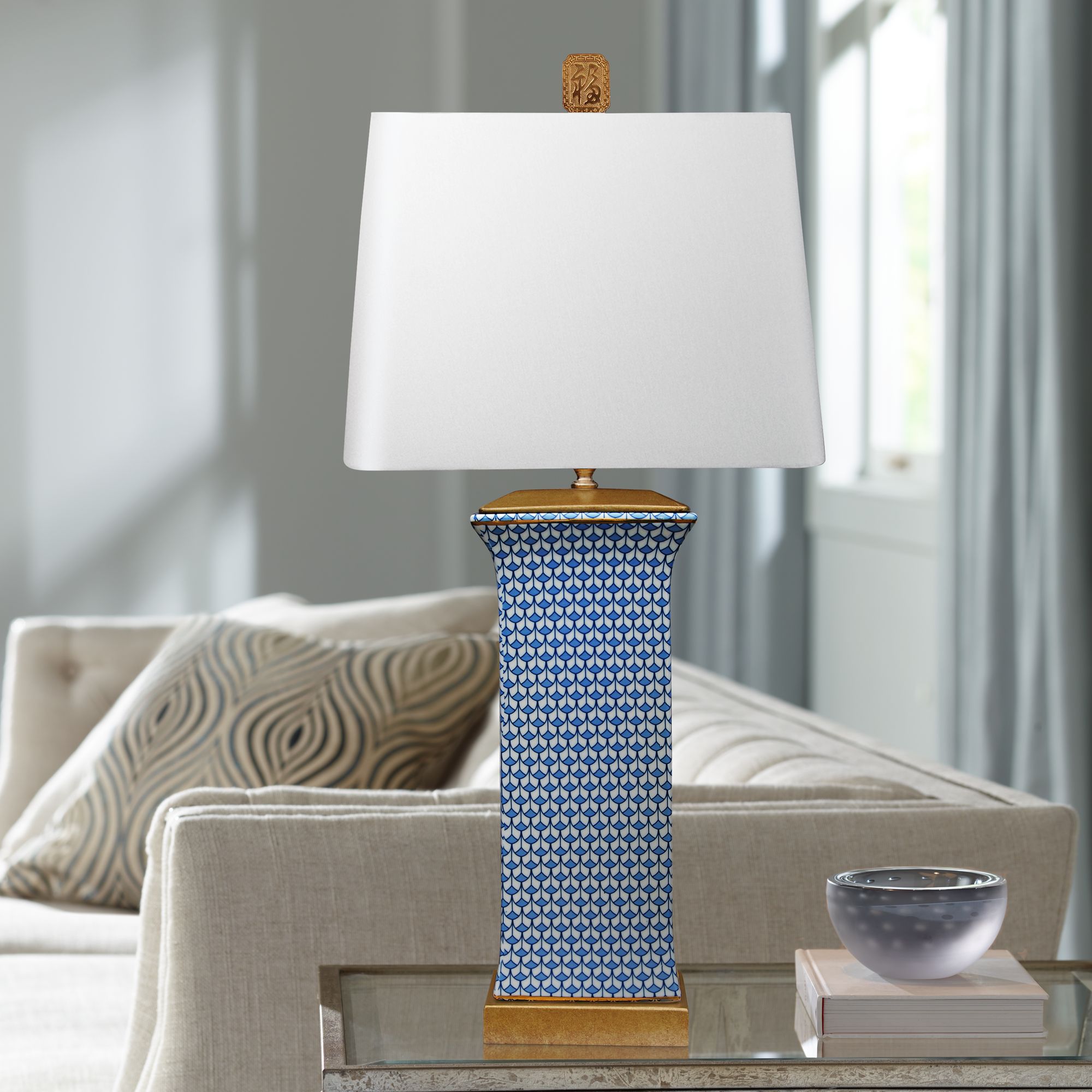 Country Blue Rectangular Porcelain Table Lamp