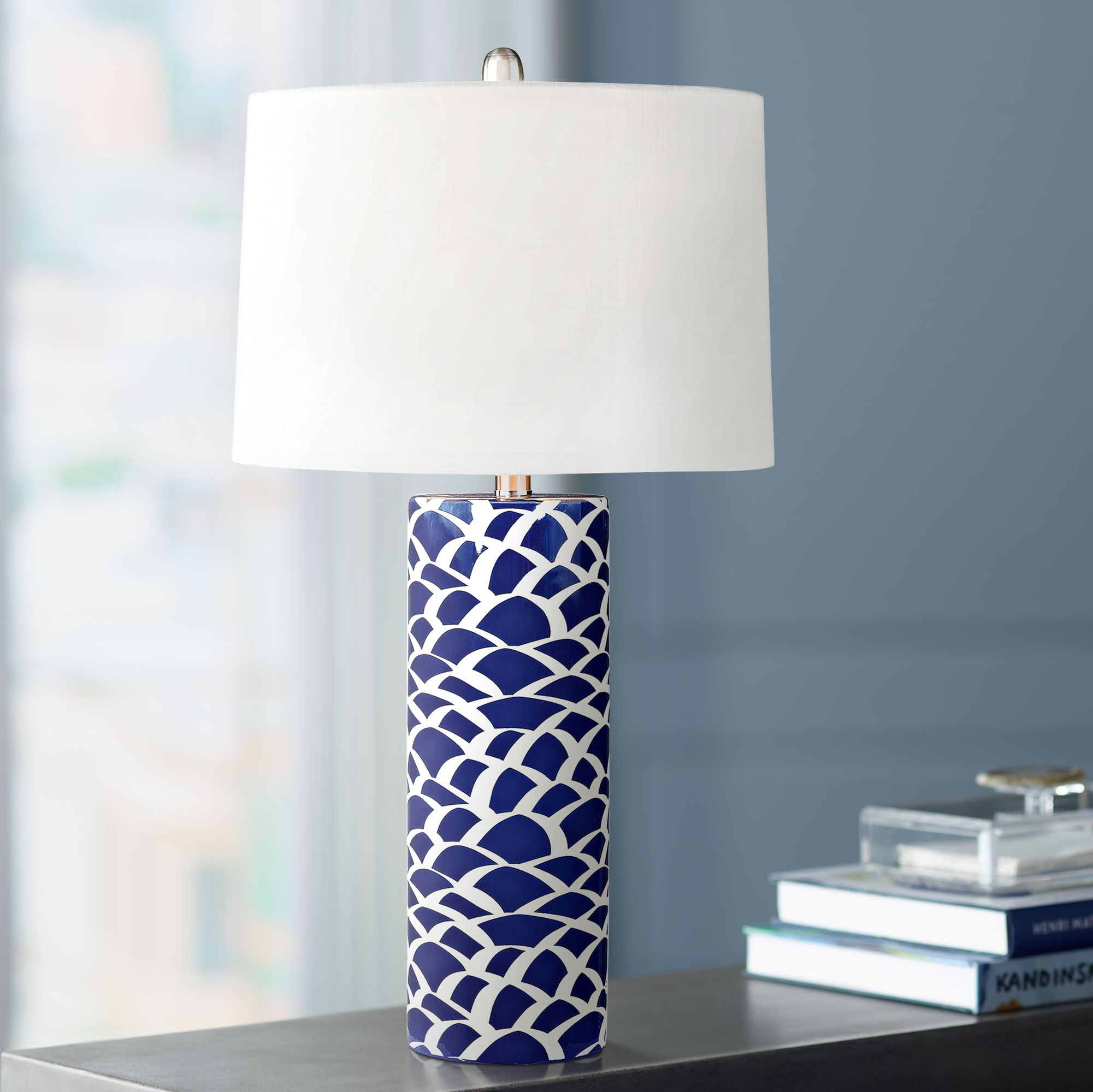 navy blue and white lamps