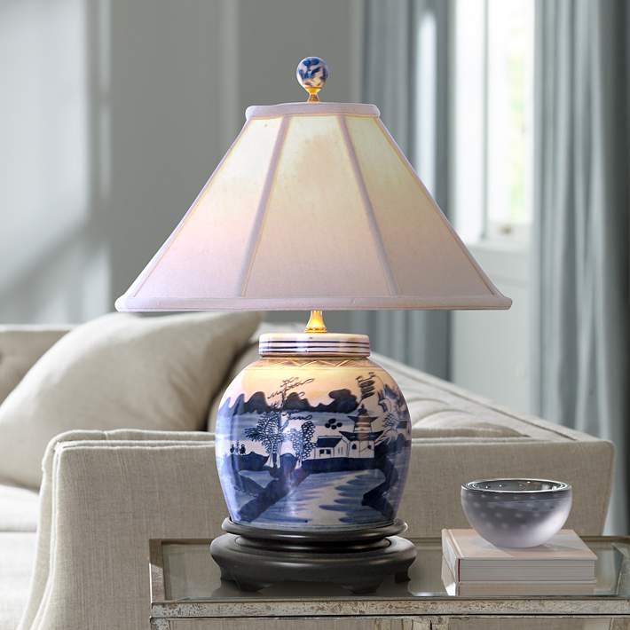 High Porcelain Jar Table Lamp, Blue Porcelain Jar Table Lamp