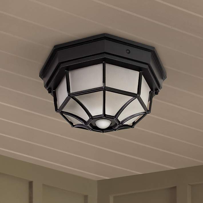Octagonal 12 Wide Black Motion Sensor, Dusk To Dawn Outdoor Ceiling Light Fixtures