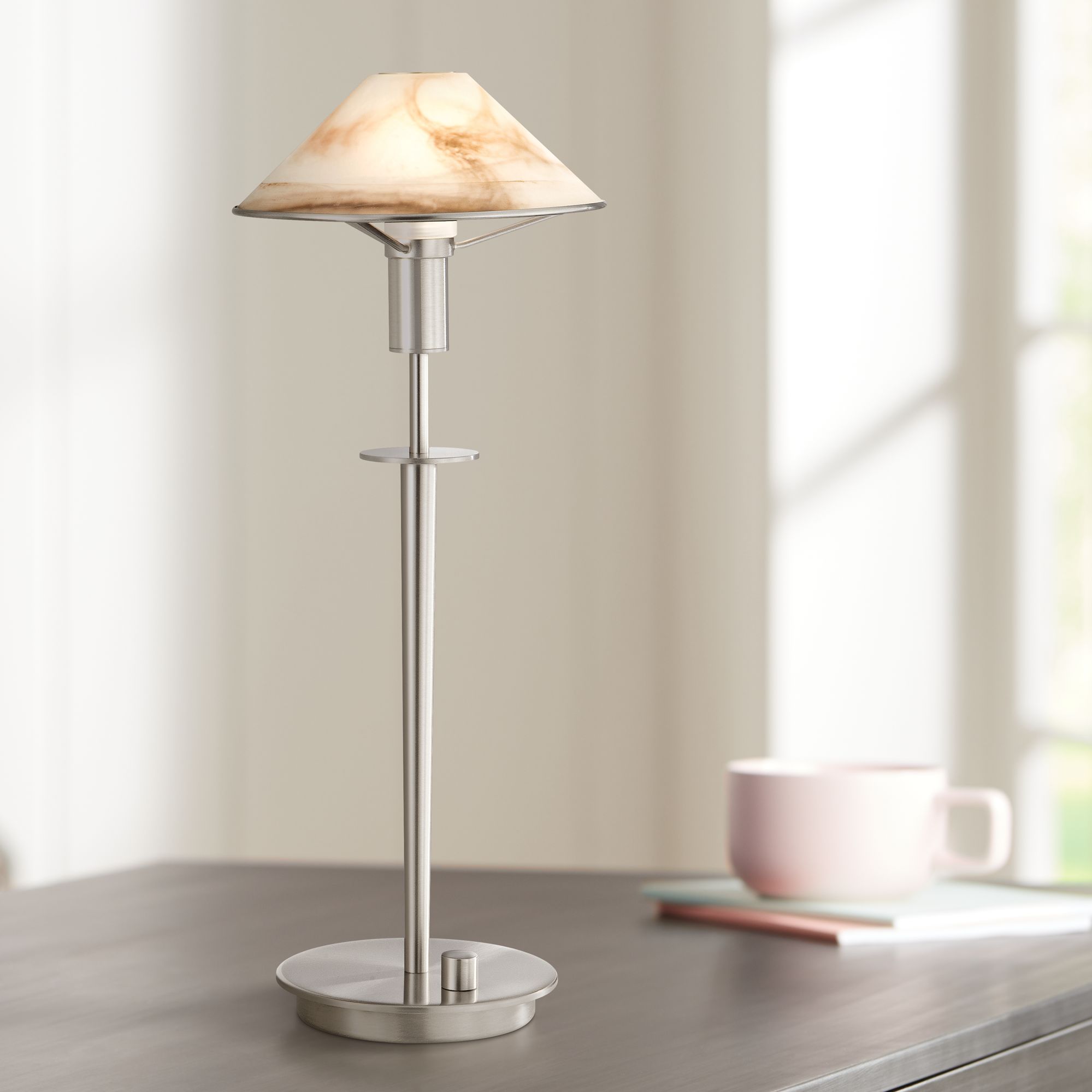 Holtkoetter Satin Nickel Alabaster Brown Glass Desk Lamp J1574