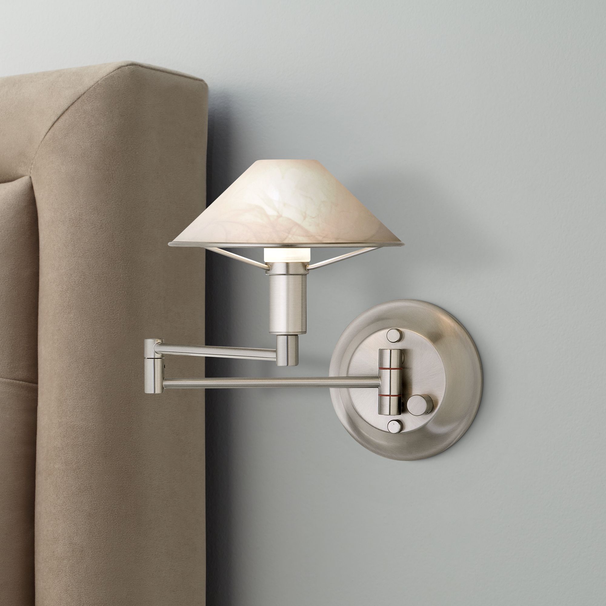 Satin Nickel Alabaster White Glass Swing Arm Wall Lamp