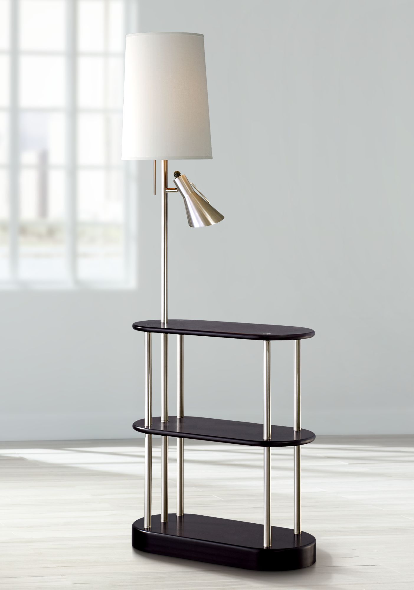 Triple Shelf Brushed Nickel Espresso Floor Lamp