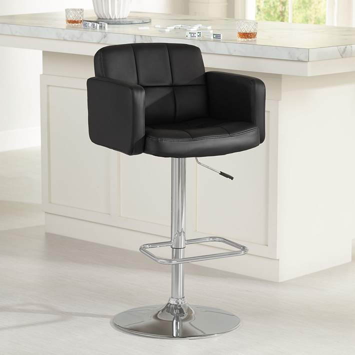 Trek Large Black Faux Leather, Black Leather Swivel Bar Stools With Arms