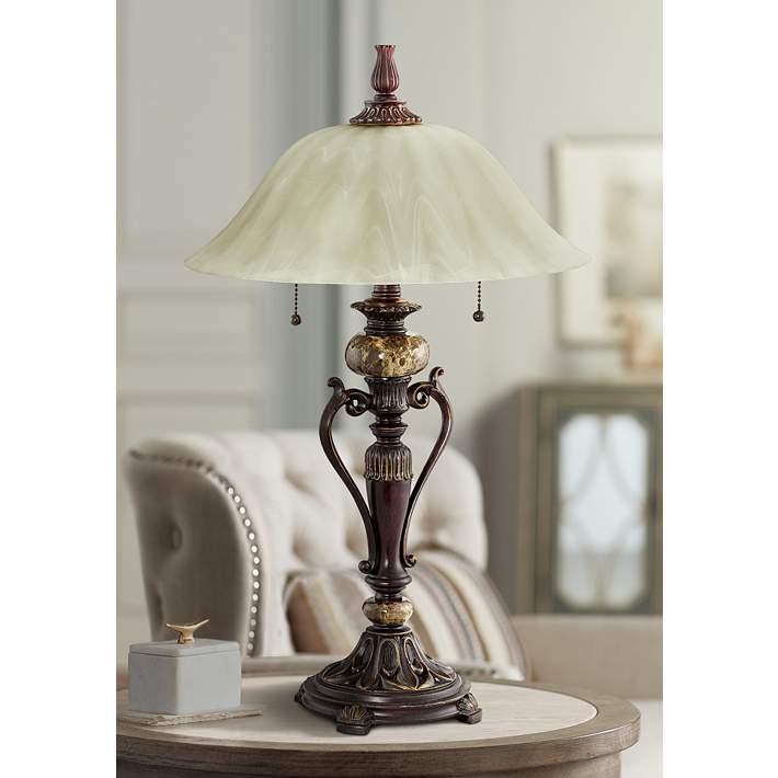 Amor Collection Glass Shade Accent, Bronze And Glass Frosted Table Lamp