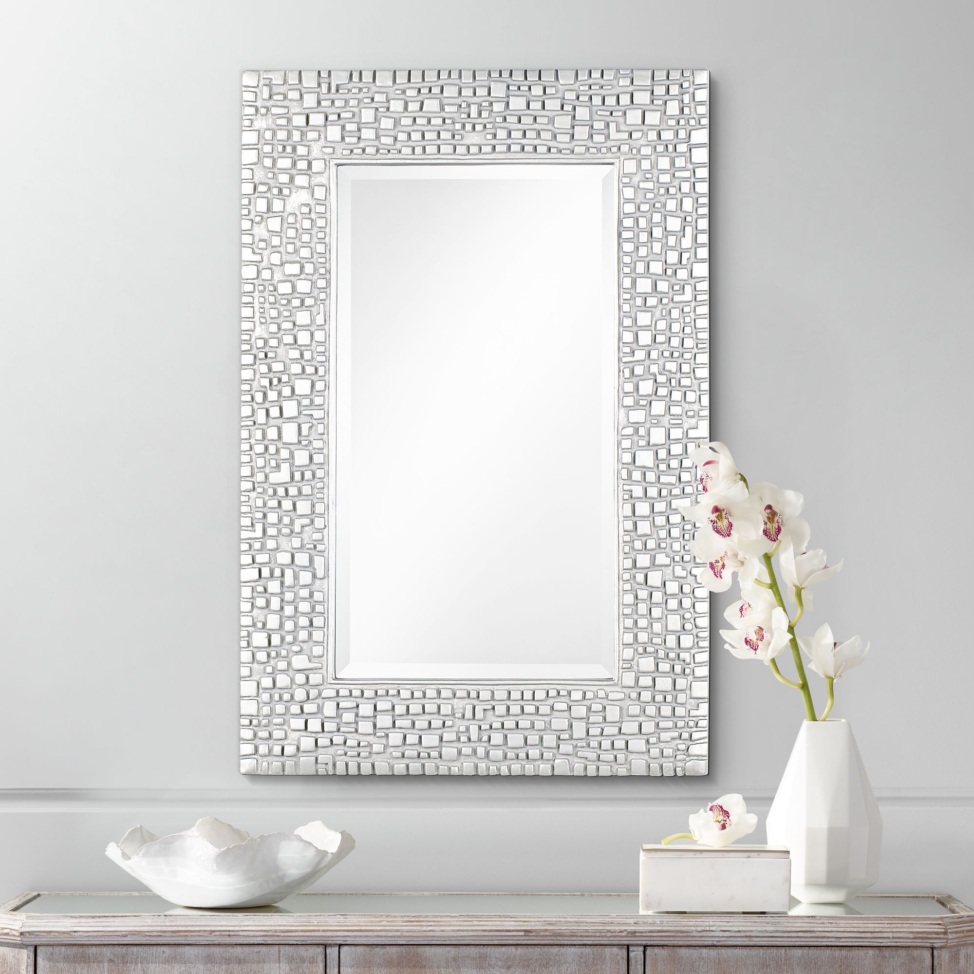 Savla Textured Relief Silver 24" x 36" Wall Mirror