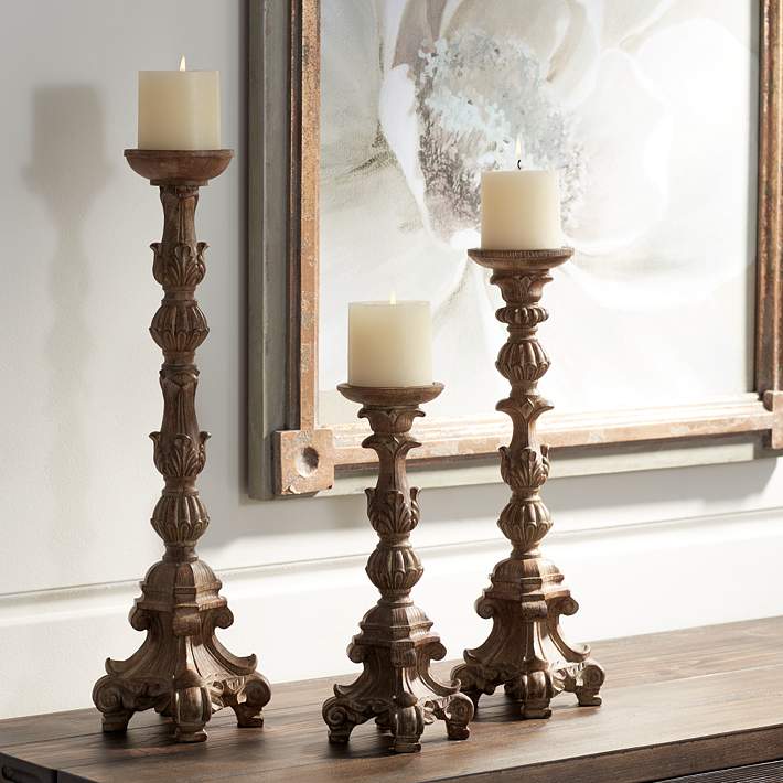 Exotic Carved Pillar Candle Holders Set Of 3 U2744 Lamps Plus
