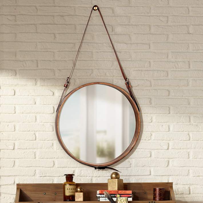 Jamie Young Leather Strap 16 Round, Round Hanging Mirror With Leather Strap