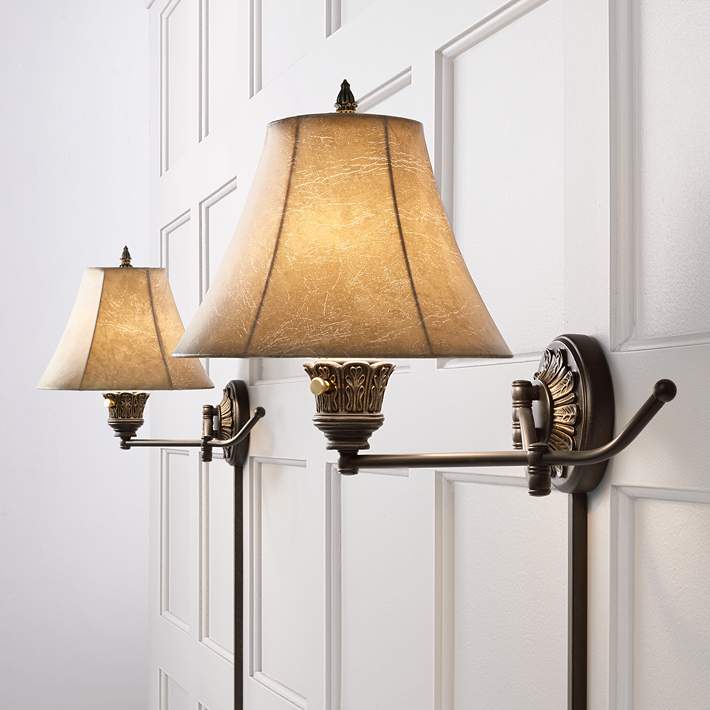 2 Bronze Plug In Swing Arm Wall Lamps, Arm Wall Lamp Set
